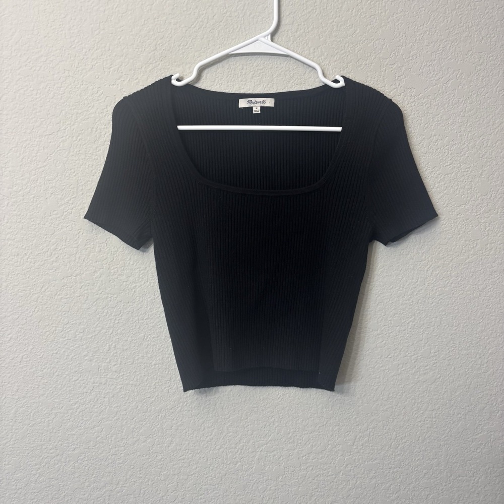 Madewell Black Ribbed Square Neck Crop Top Women's Size M Short Sleeve